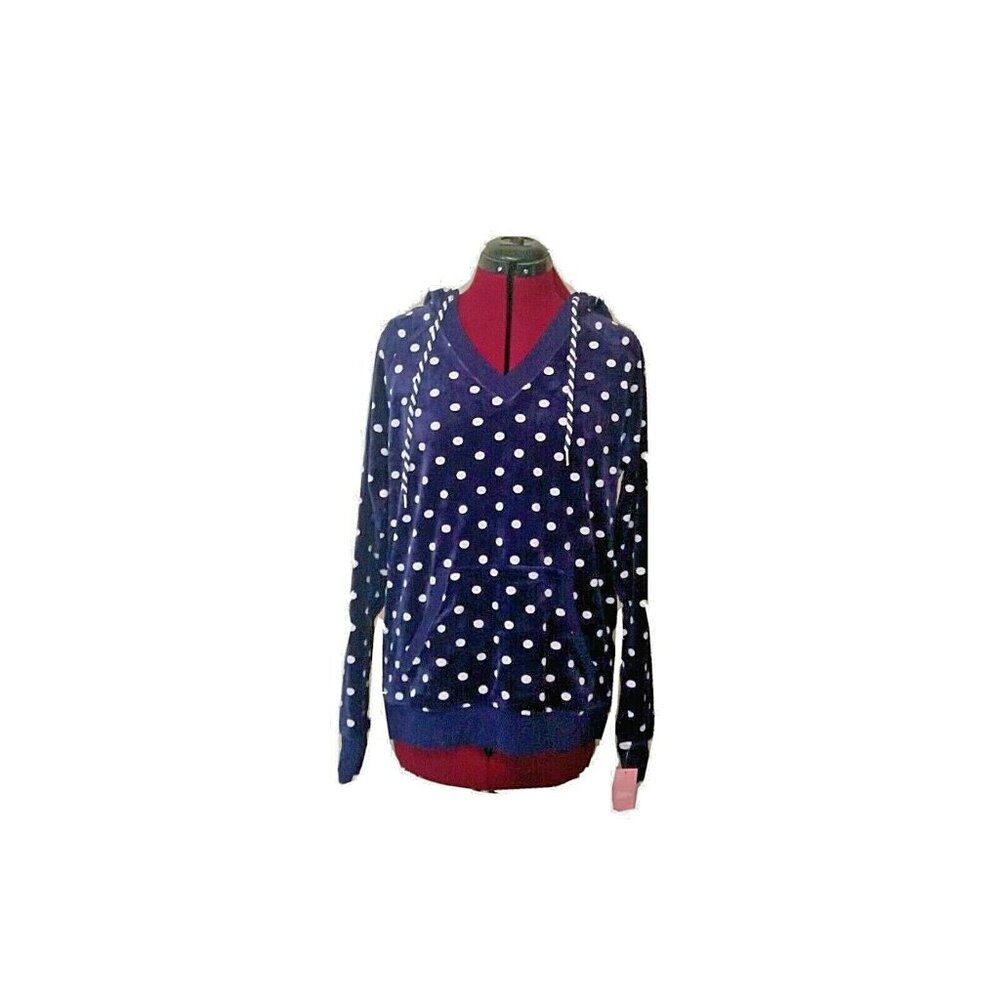 Jenni Women’s Sleepwear Hoodie Pajama Top Velour Navy Dots V-Neck Size Large